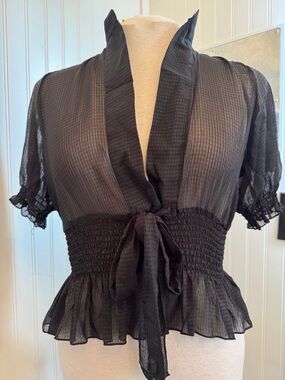Poetry Black Sheer Tie-Front Ruffled Peplum Blouse